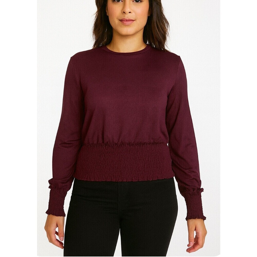 Zara women burgundy blouse elastic waist band SZ S lightweight elastic waist